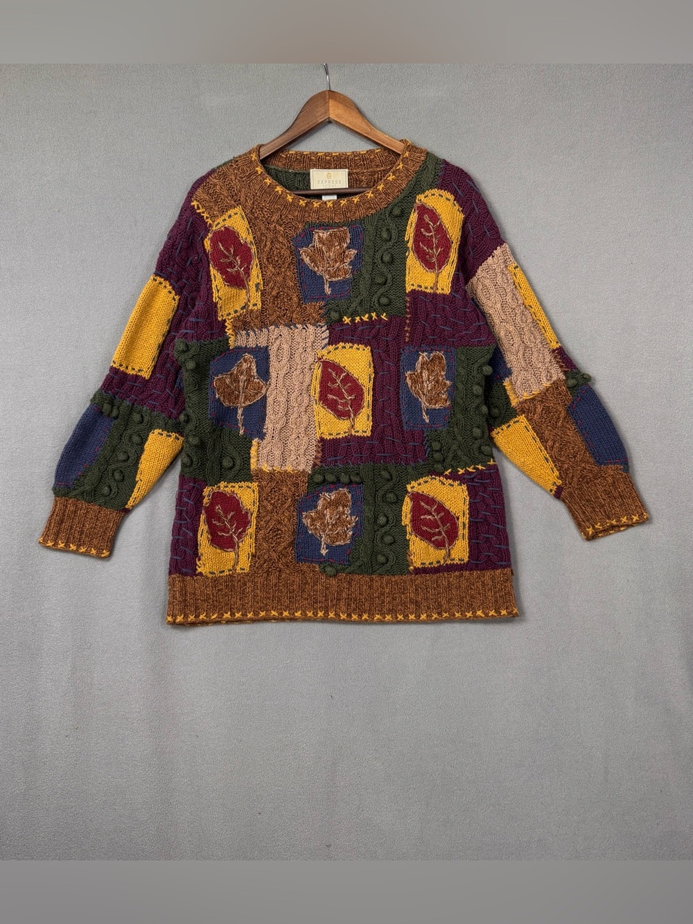 VTG 90’s Express Tricot Patchwork Fall Leaf Sweater, Chunky Handknitted, XS